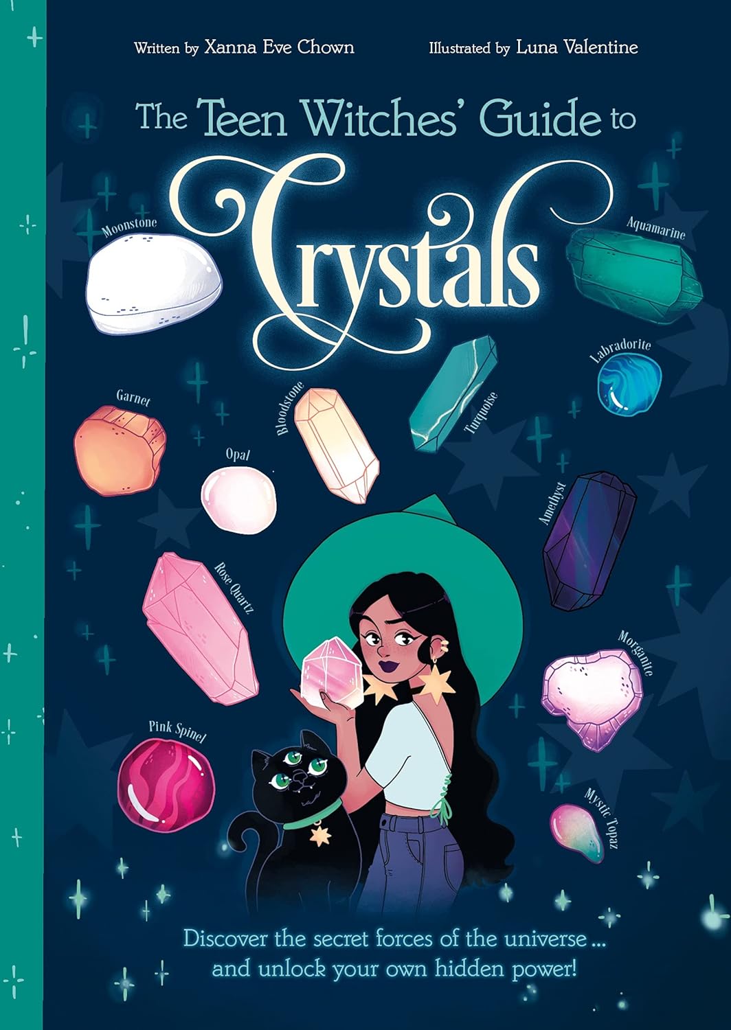 Book cover of 'The Teen Witches' Guide to Crystals' with illustrations of crystals and a witch.
