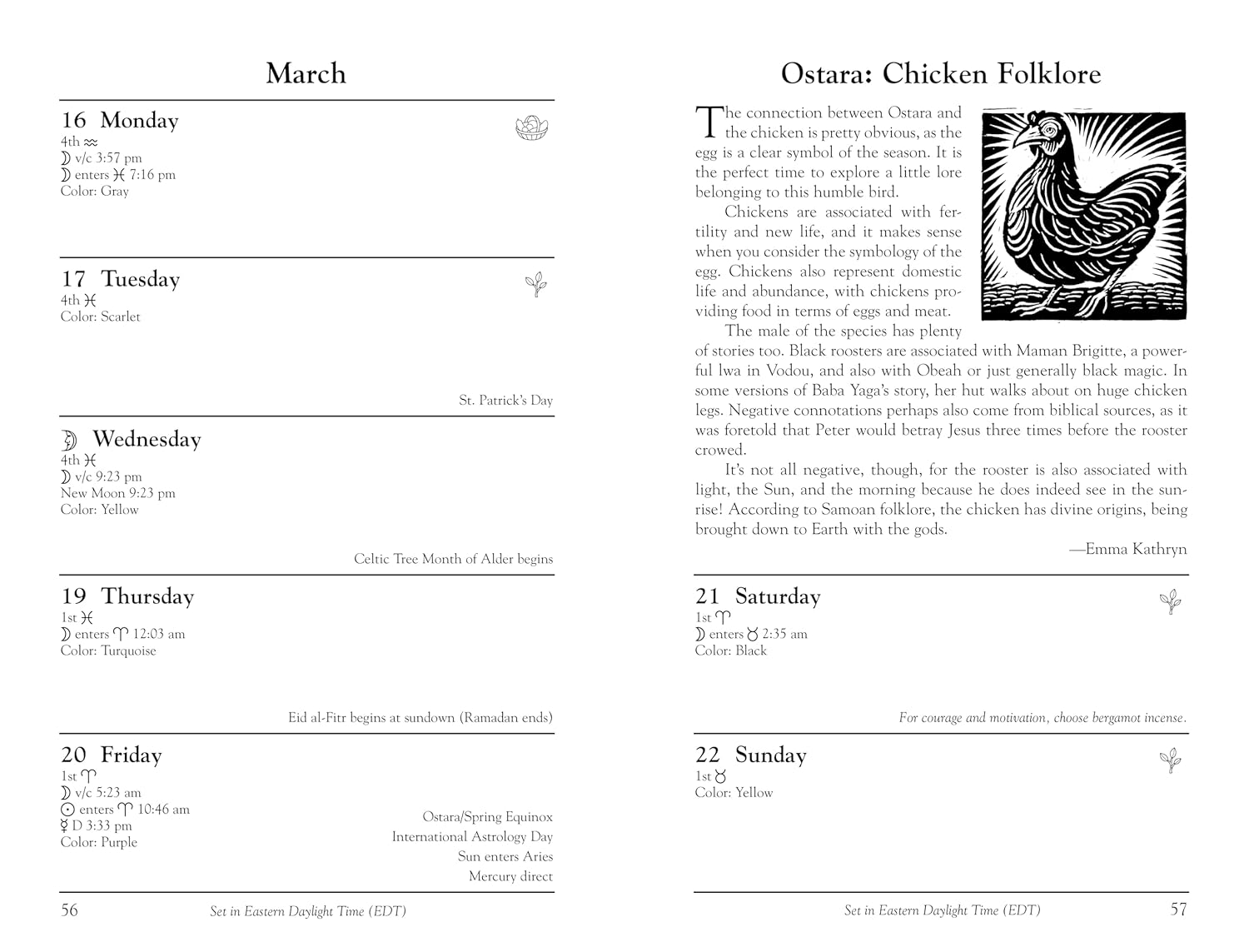 Page from a calendar with Ostara: Chicken Folklore text and illustrations on March 16-22.