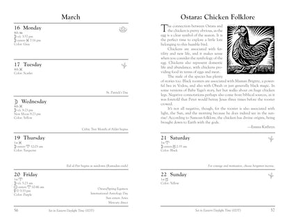 Page from a calendar with Ostara: Chicken Folklore text and illustrations on March 16-22.