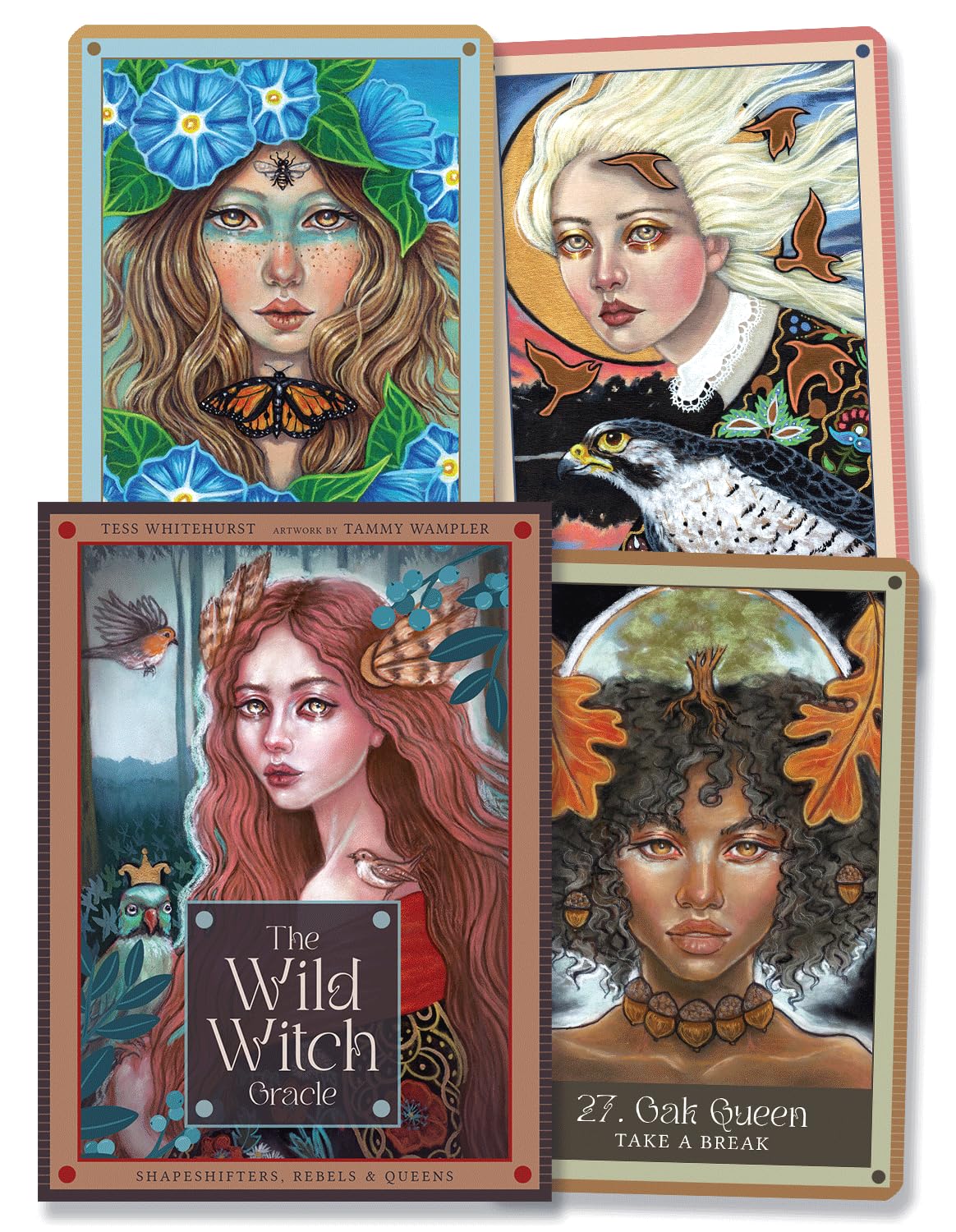 Four tarot cards featuring women with nature-themed designs and text.