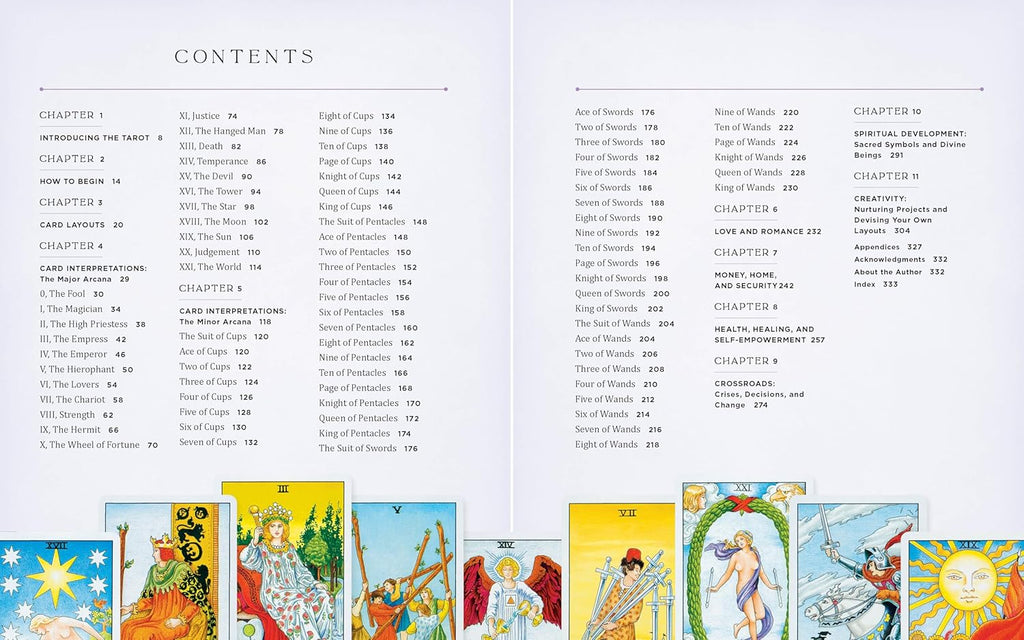 Table of contents for a tarot card book with card illustrations on a white background