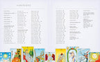 Table of contents for a tarot card book with card illustrations on a white background