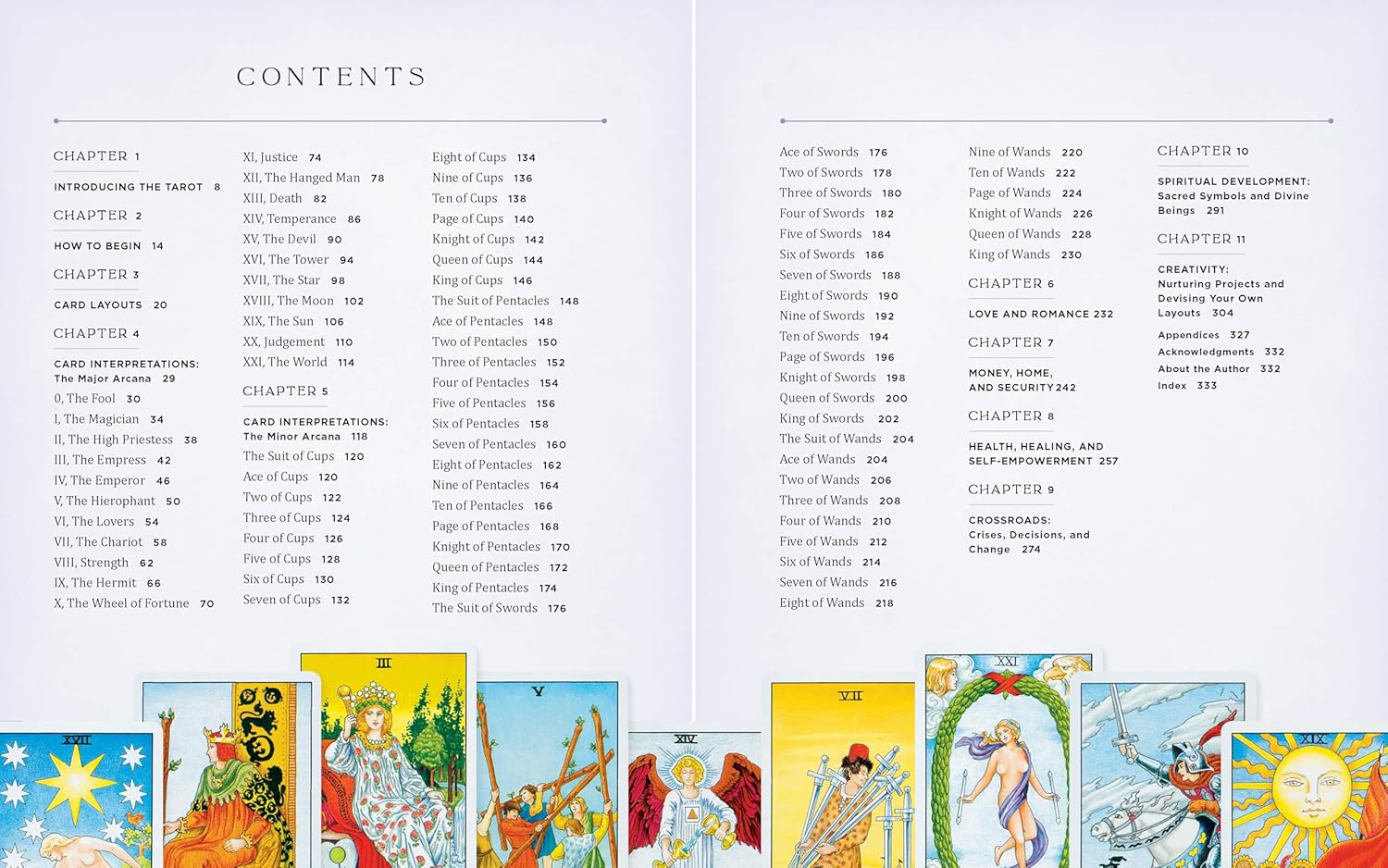 Table of contents for a tarot card book with card illustrations on a white background