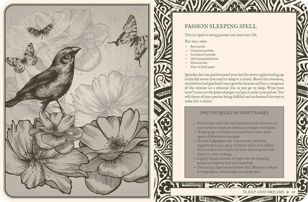 Magical spellbook page with a bird, flowers, and butterflies on a decorative border.
