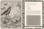 Magical spellbook page with a bird, flowers, and butterflies on a decorative border.