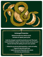 Card with intertwined snakes and archangel protection text on a green background