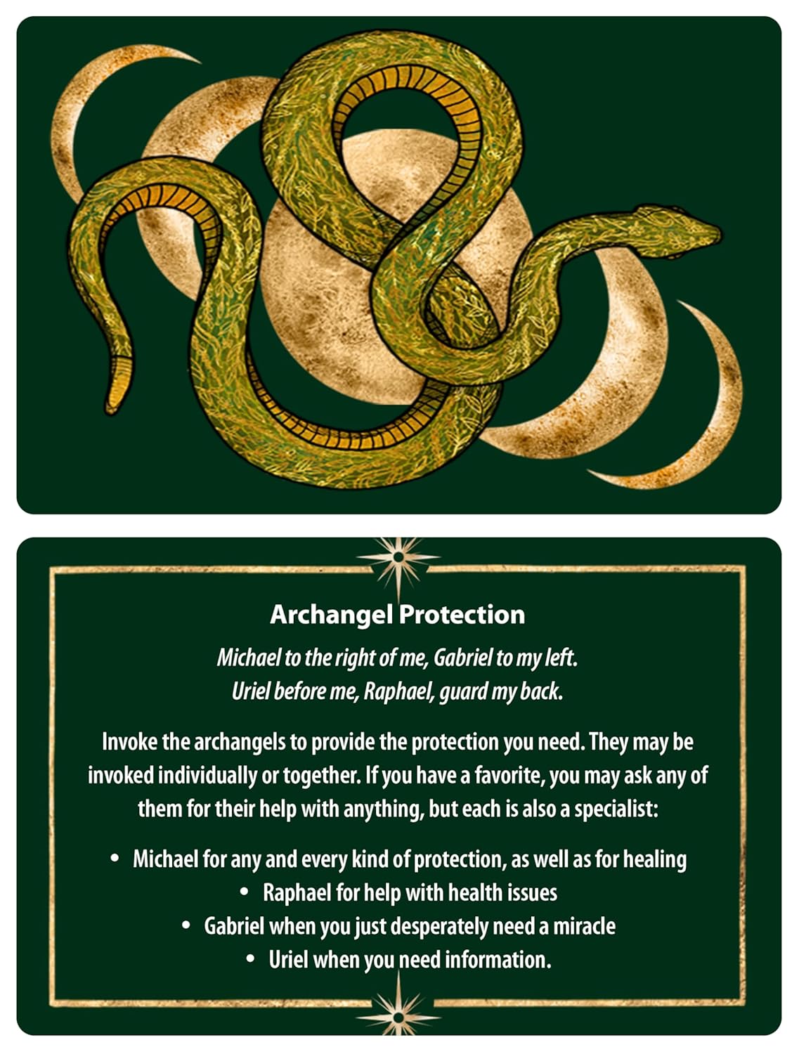 Card with intertwined snakes and archangel protection text on a green background