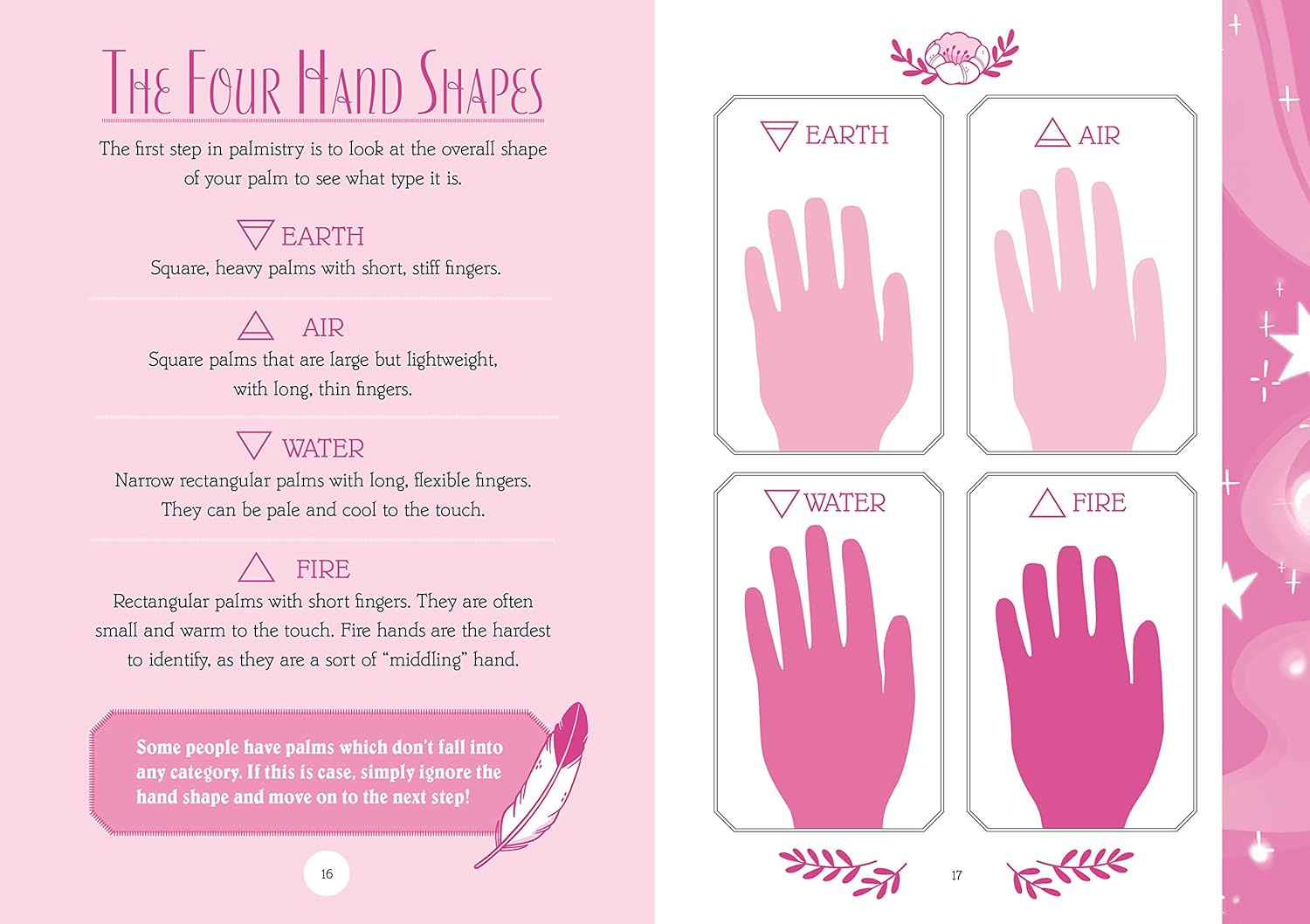 Educational chart about the four hand shapes with pink illustrations on a pink background.