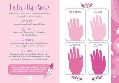 Educational chart about the four hand shapes with pink illustrations on a pink background.