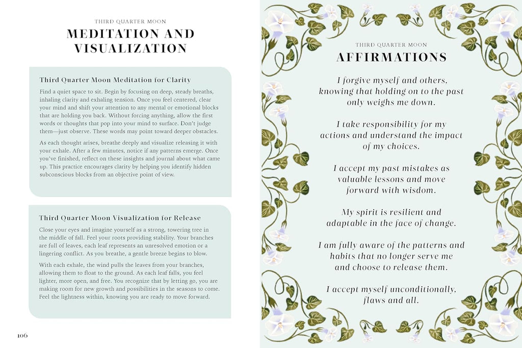 Meditation and visualization guide with affirmations on a light blue background with floral designs.