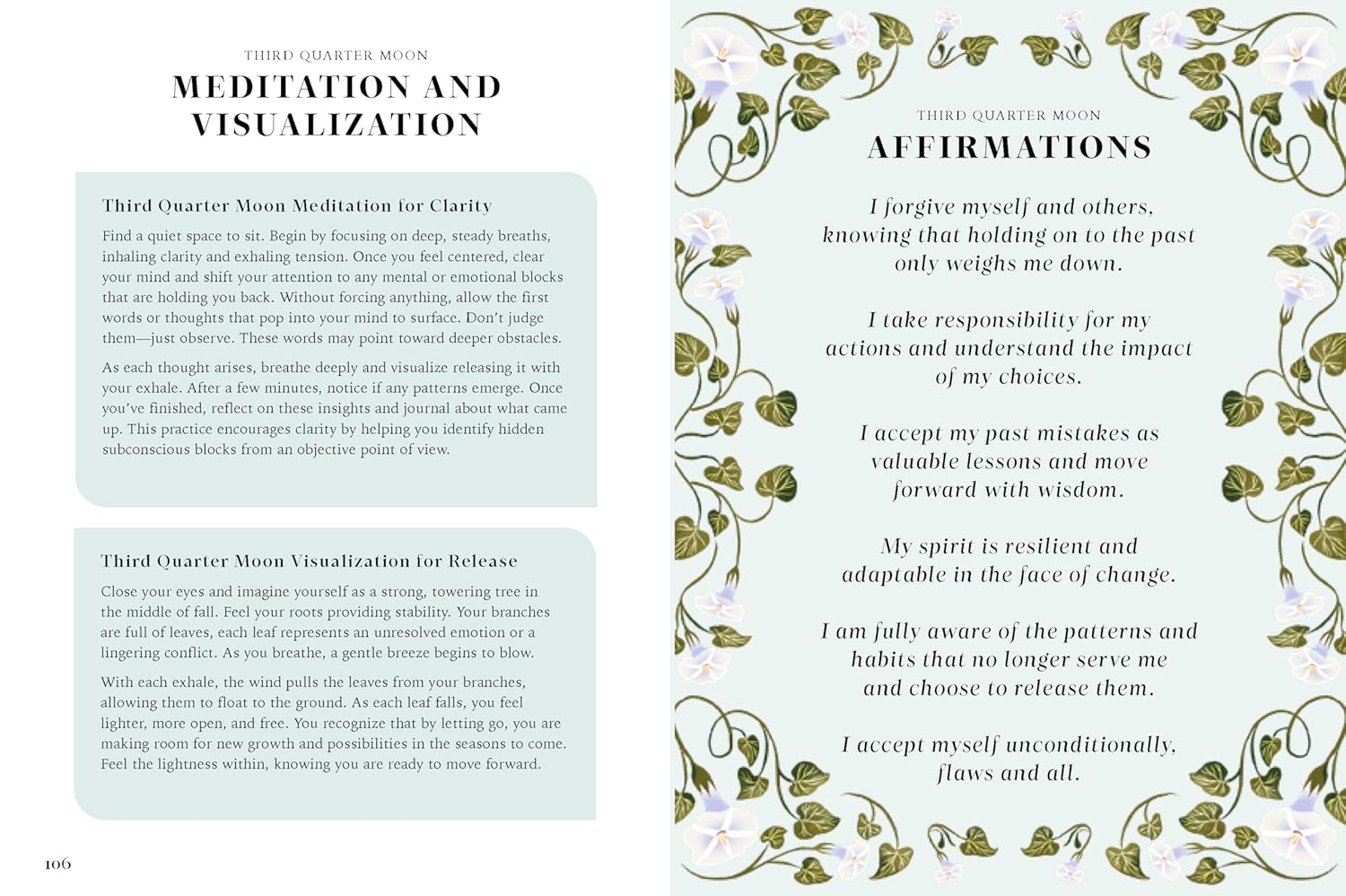 Meditation and visualization guide with affirmations on a light blue background with floral designs.