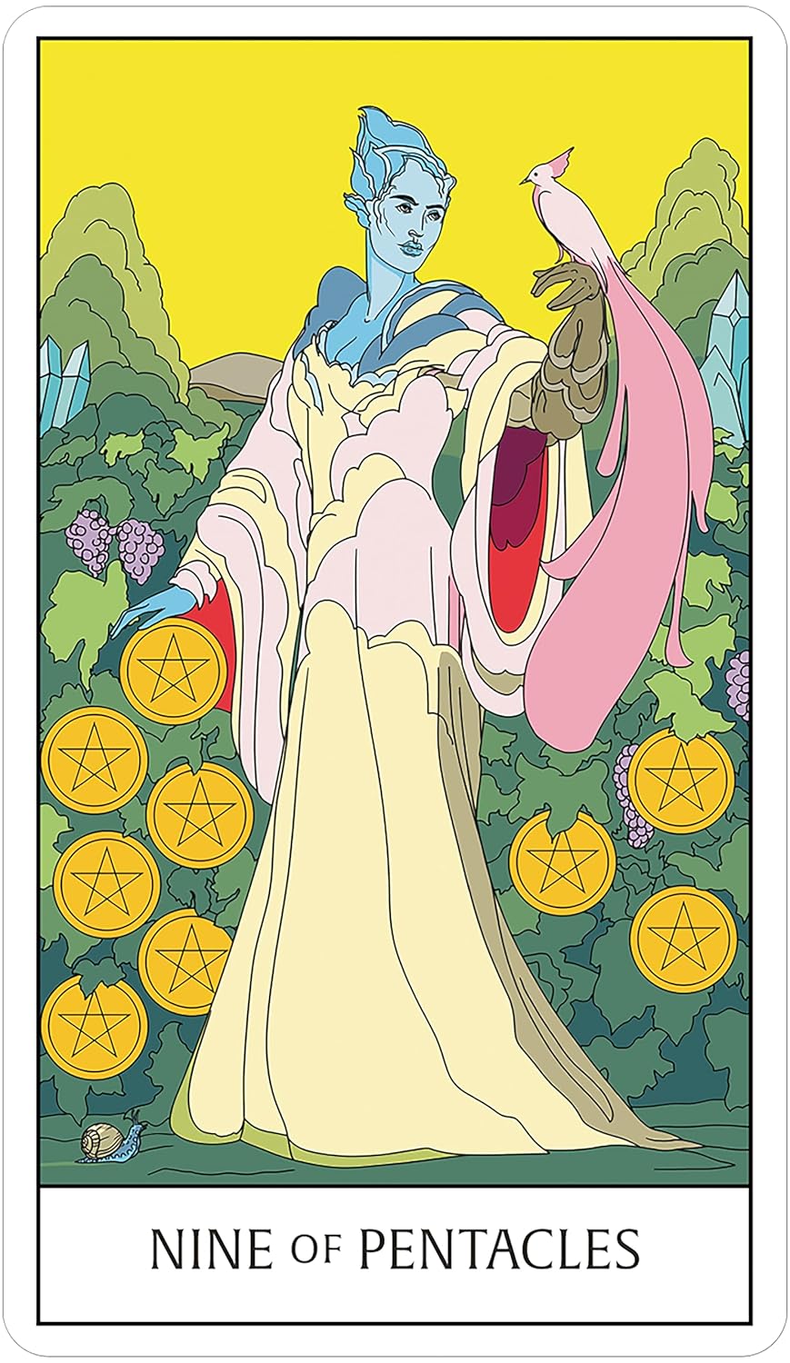 Tarot card featuring a figure with a bird and pentacle symbols on a yellow background
