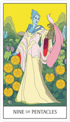 Tarot card featuring a figure with a bird and pentacle symbols on a yellow background