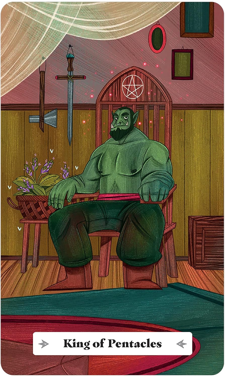 Card featuring a green-skinned figure sitting on a throne with 'King of Pentacles' text at the bottom.