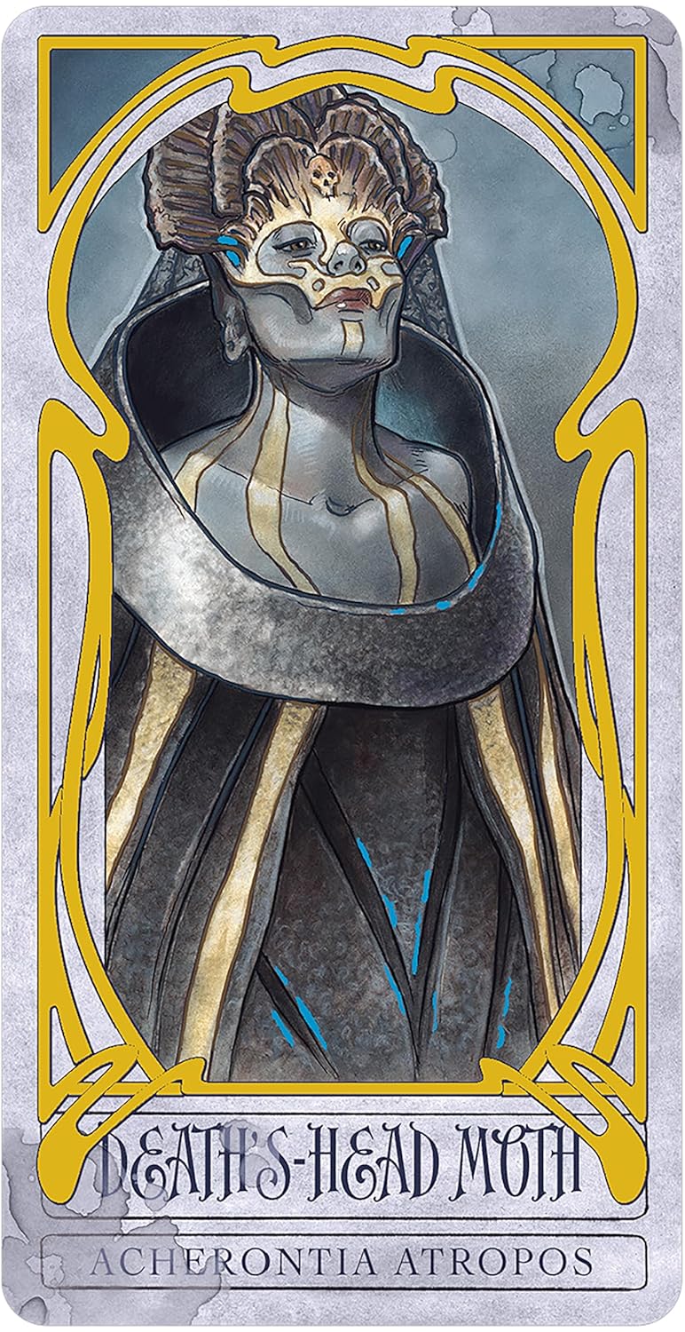 Card featuring a stylized illustration of Acherontia Atropos with a decorative border.