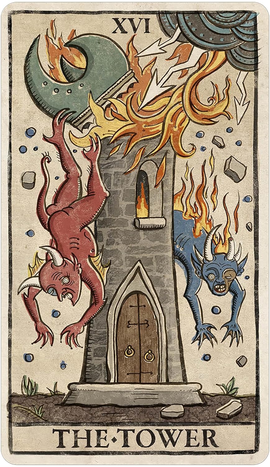 Tarot card titled 'The Tower' with fiery demons and a tower.