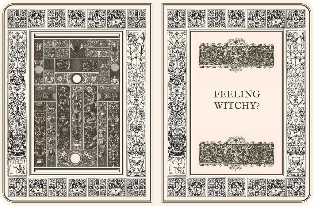 Decorative greeting card with intricate designs and text 'Feeling Witchy?'
