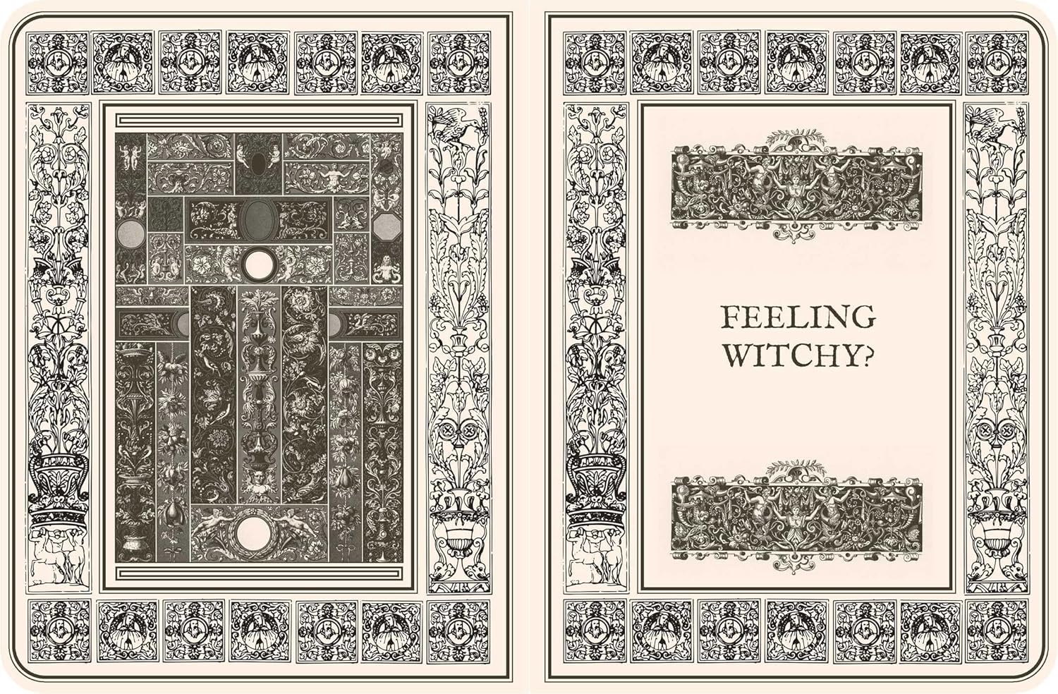 Decorative greeting card with intricate designs and text 'Feeling Witchy?'