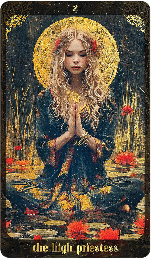 Tarot card featuring a woman with a golden halo in a pond surrounded by red flowers.
