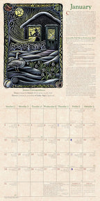 January calendar page featuring a detailed black ink illustration of a house and bird on a snowy landscape with the word 'January' at the top right, alongside a column of text and a monthly calendar grid at the bottom.