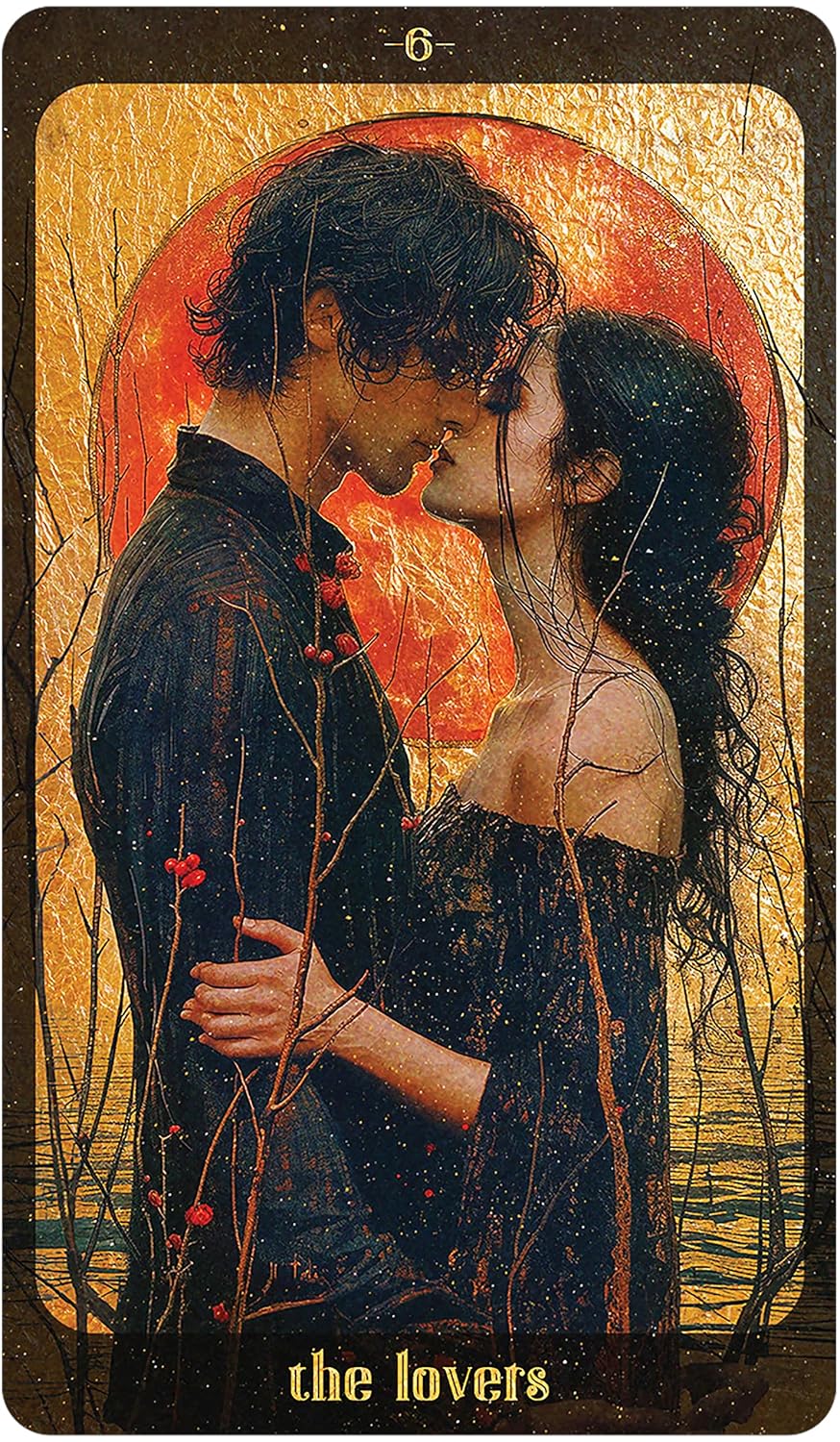 Card titled 'The Lovers' featuring an illustration of a couple embracing with a warm, glowing background.