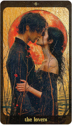 Card titled 'The Lovers' featuring an illustration of a couple embracing with a warm, glowing background.