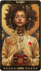 Card featuring a person with intricate designs and symbols, including a pentacle, on a dark background.