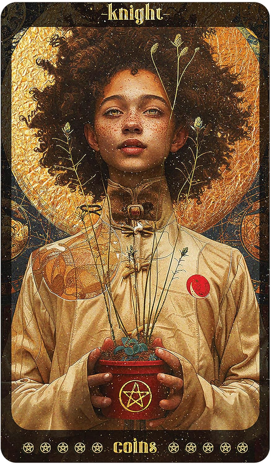 Card featuring a person with intricate designs and symbols, including a pentacle, on a dark background.