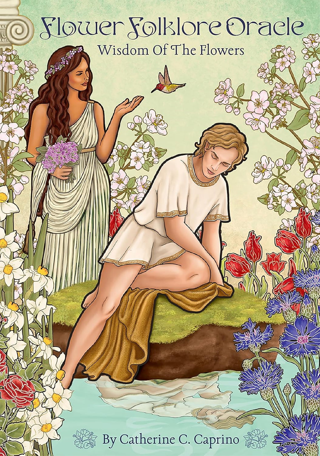 Cover of 'Flower Folklore Oracle' with two women in classical attire surrounded by flowers.