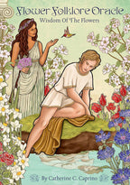 Cover of 'Flower Folklore Oracle' with two women in classical attire surrounded by flowers.
