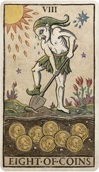 Card from a tarot deck showing a figure with coins and the number 8.