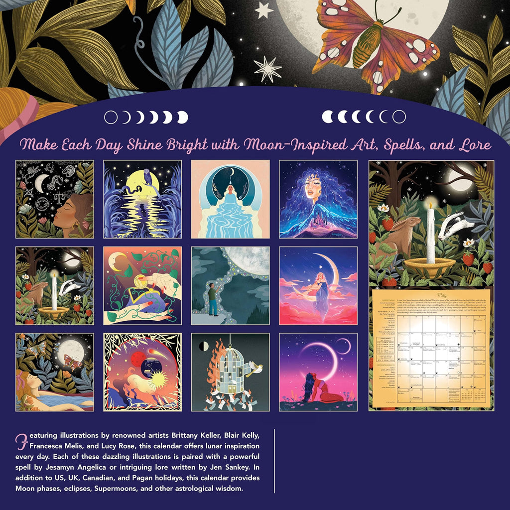 Calendar cover with moon-themed illustrations and text on a dark background