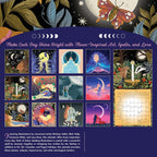Calendar cover with moon-themed illustrations and text on a dark background