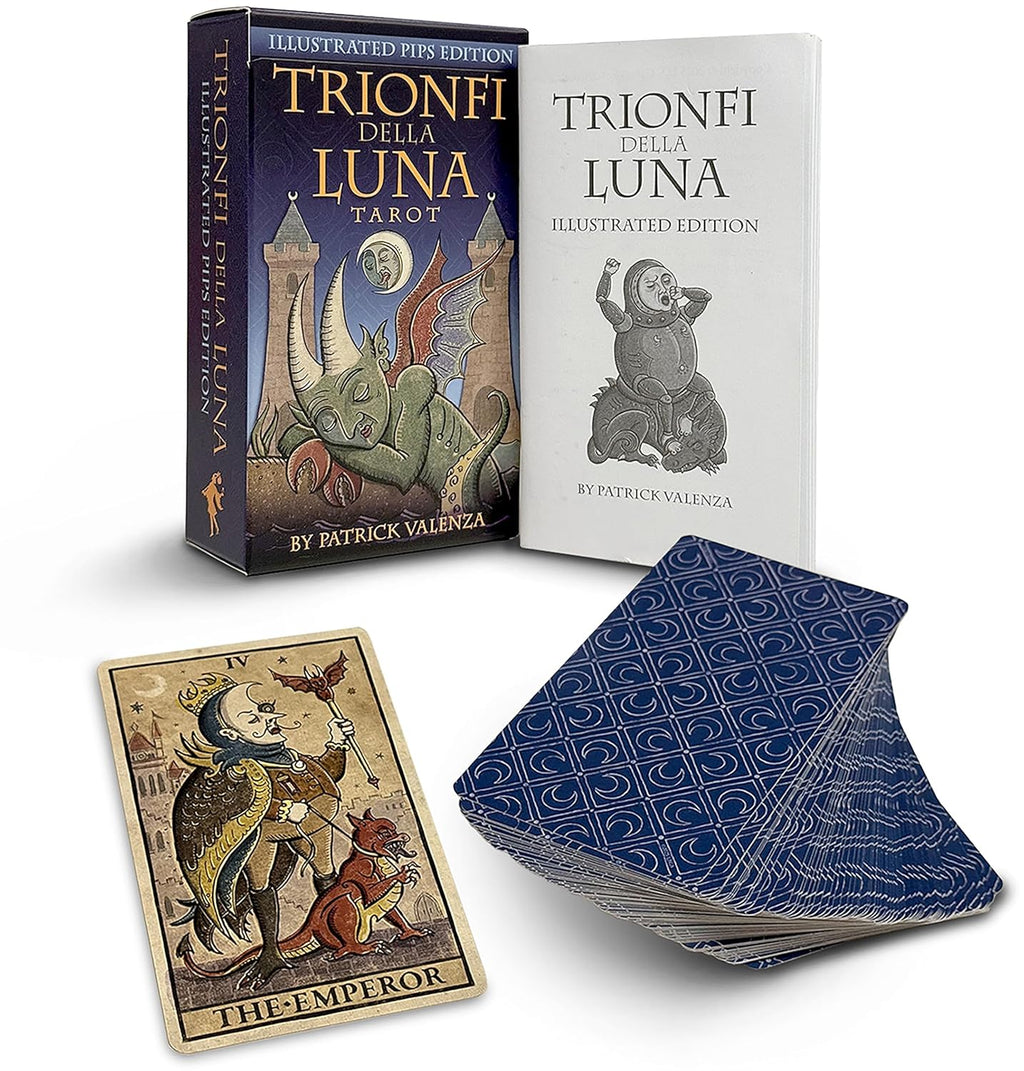 Trionfi della Luna Tarot set with tarot cards, book, and box on a white background