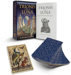 Trionfi della Luna Tarot set with tarot cards, book, and box on a white background