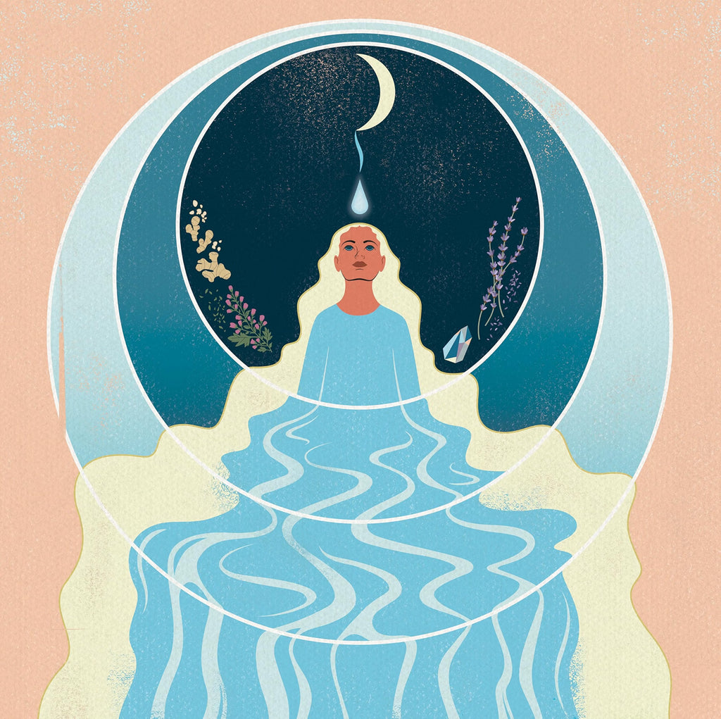 An illustrated circular artwork showing a seated figure with a shaved head, surrounded by a crescent moon, a drop of water, flowers, and a blue reflective surface below, set against a peach background.