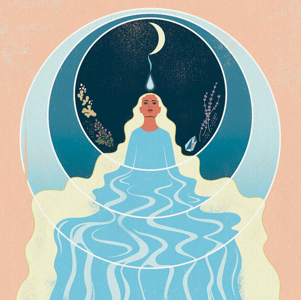 An illustrated circular artwork showing a seated figure with a shaved head, surrounded by a crescent moon, a drop of water, flowers, and a blue reflective surface below, set against a peach background.