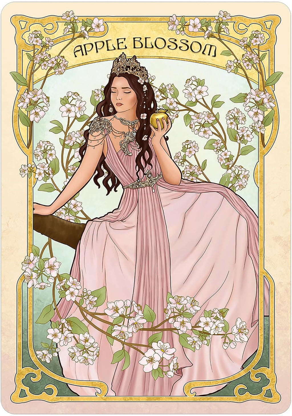 Art Nouveau-style illustration of a woman holding an apple amidst apple blossoms.