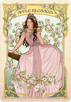 Art Nouveau-style illustration of a woman holding an apple amidst apple blossoms.