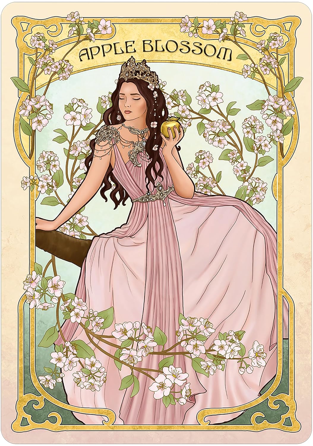 Art Nouveau-style illustration of a woman holding an apple amidst apple blossoms.