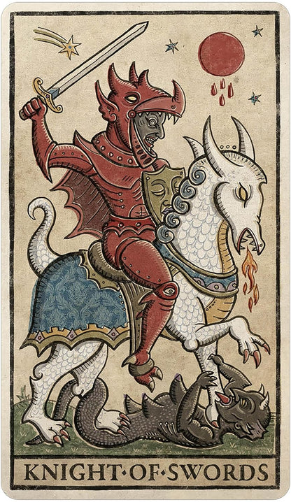 Vintage-style card featuring a knight on a dragon with 'Knight of Swords' text.