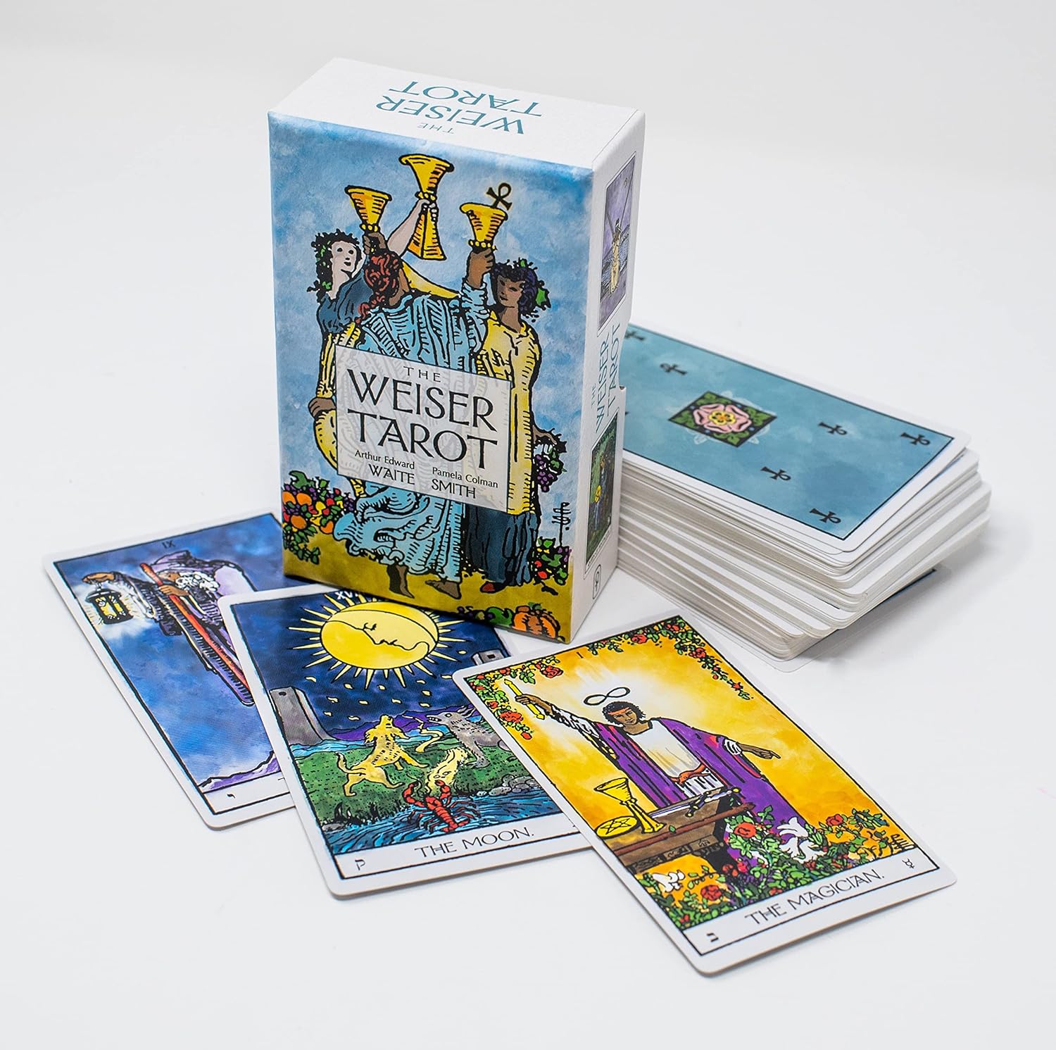 Weiser Tarot cards with tarot cards spread out on a white surface