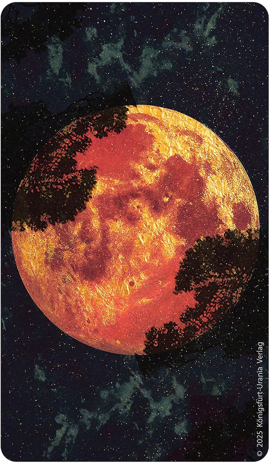 Surreal landscape with a large fiery planet and trees on a dark starry background