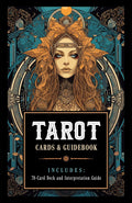 Tarot cards & guidebook cover with intricate design and woman's face