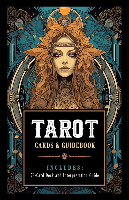 Tarot cards & guidebook cover with intricate design and woman's face