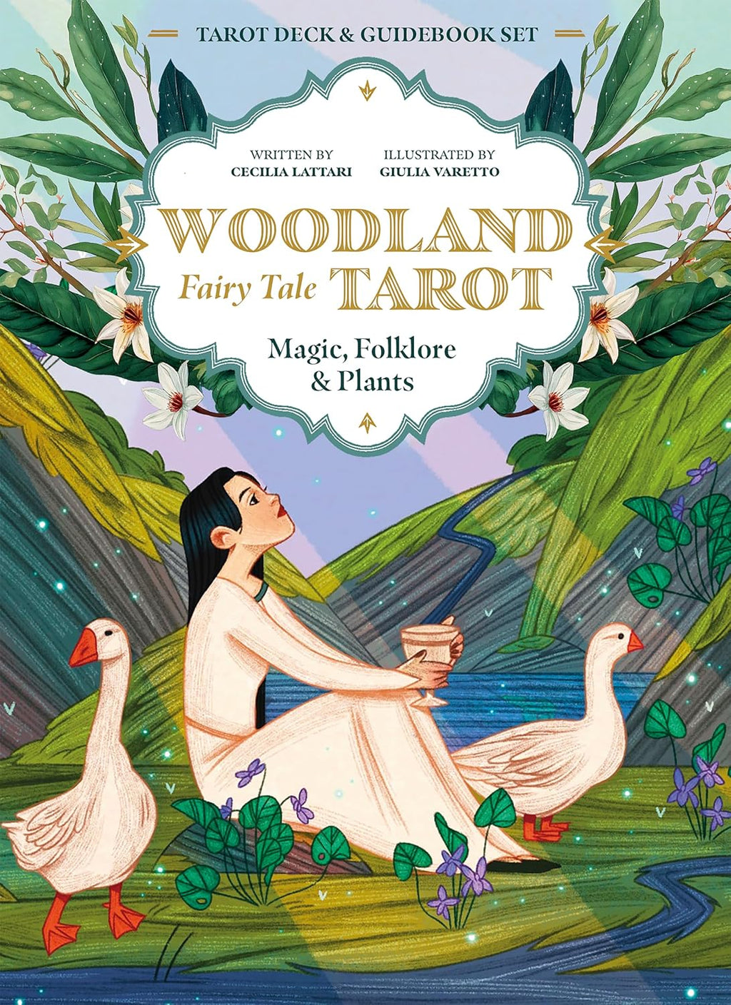 Cover of 'Woodland Fairy Tale Tarot' with illustration of a woman sitting by a river with geese and flowers.