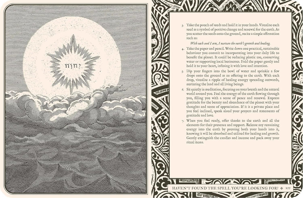Magical ritual card with a sun and cloud design on the left and text on the right.
