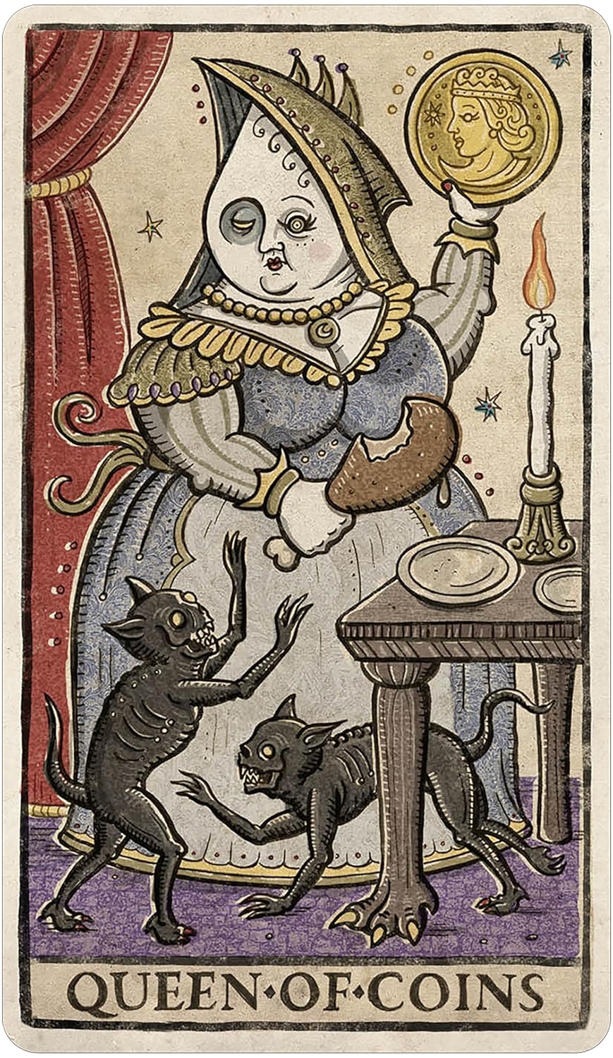 Vintage-style card featuring the 'Queen of Coins' with a character holding a coin and interacting with two cats.