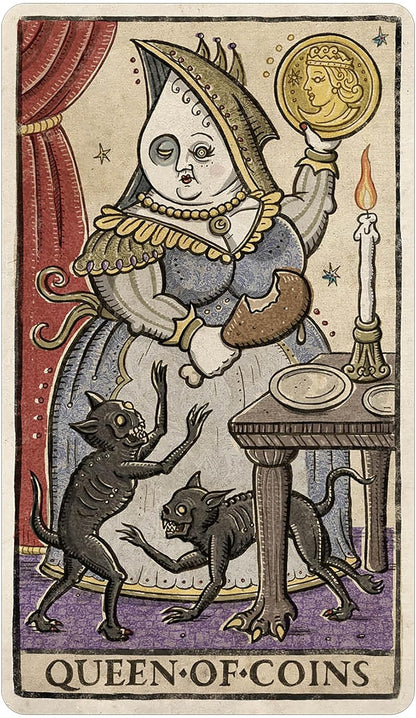 Vintage-style card featuring the 'Queen of Coins' with a character holding a coin and interacting with two cats.