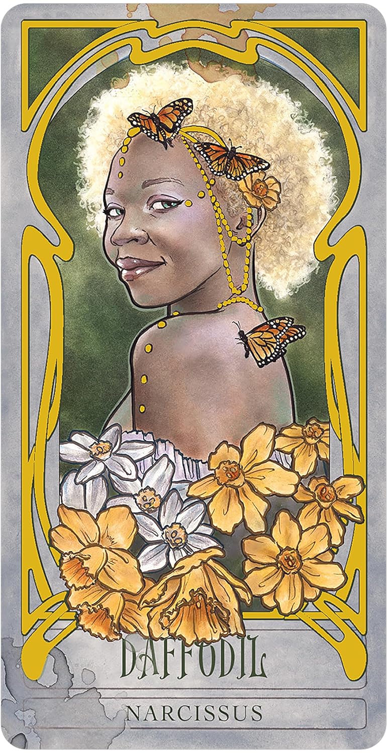 Card featuring a person with butterflies and flowers, labeled 'Daffodil' and 'Narcissus'.